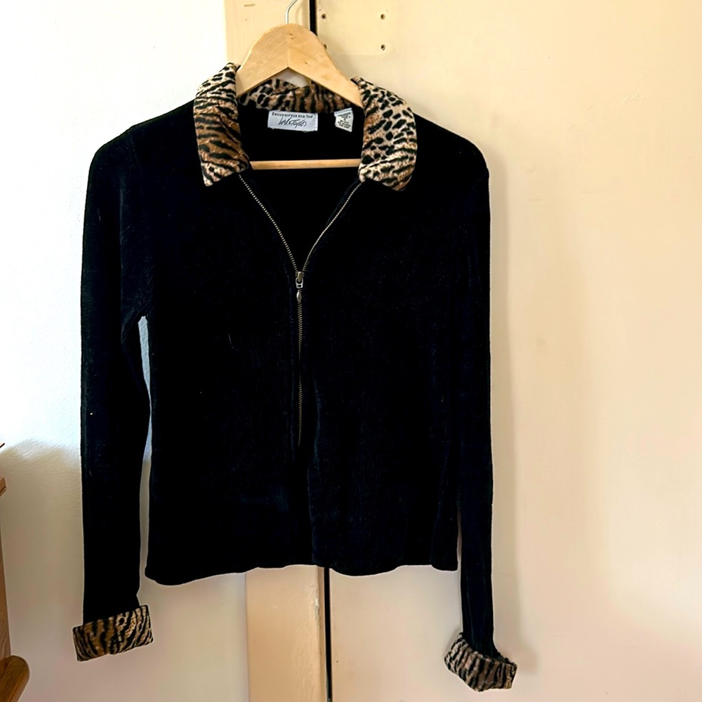 Lord & Taylor Zip Front Black Leopard Sweater Fran Drescher